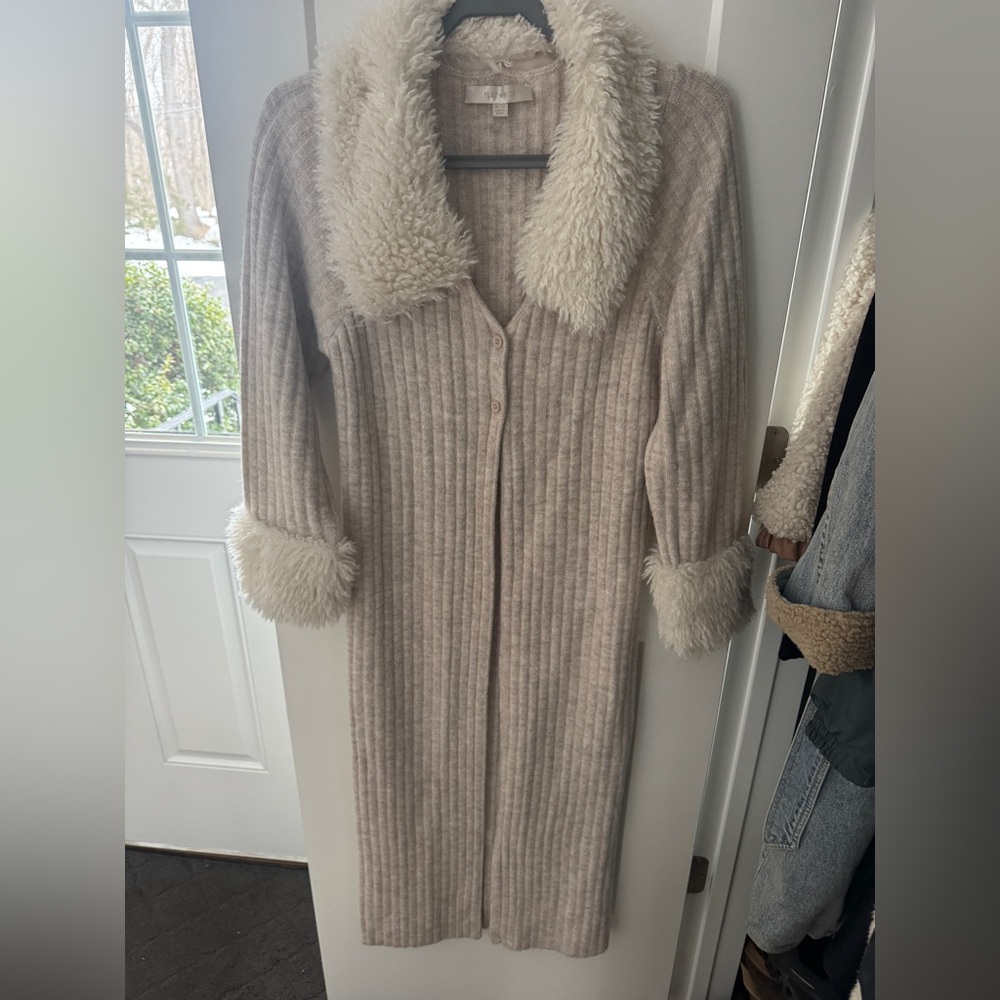 Anthropologie Cream Long Cardigan with Faux Fur Trim